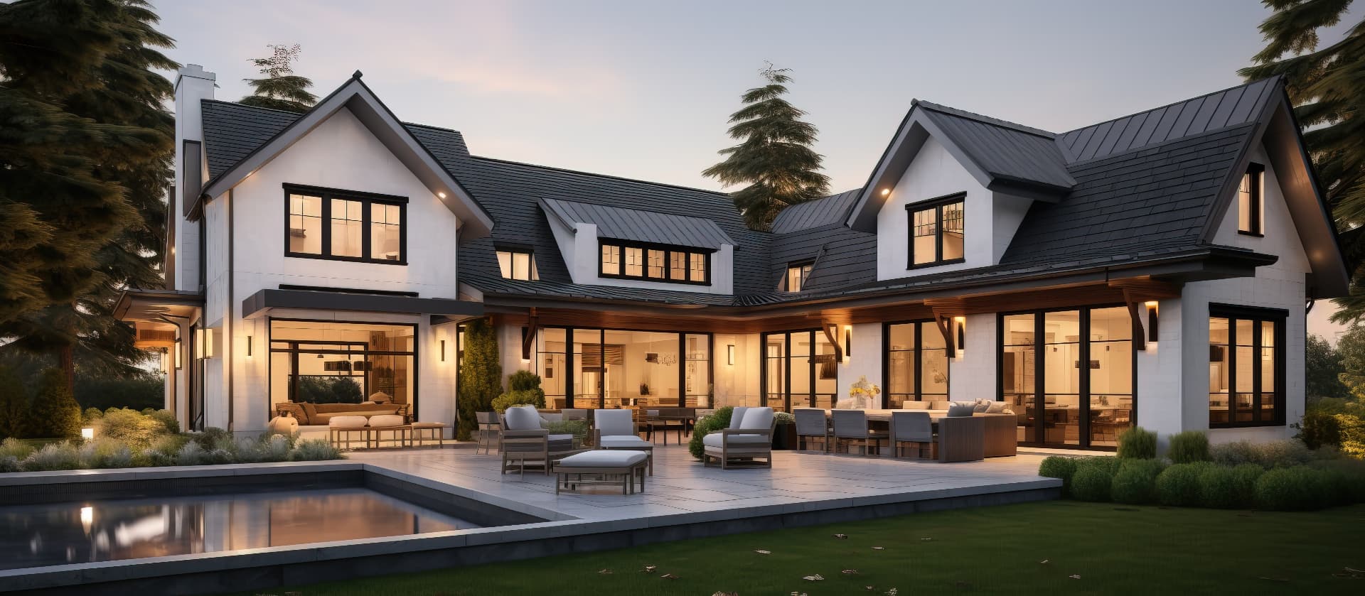 Luxury modern farmhouse with outdoor pool and patio at dusk