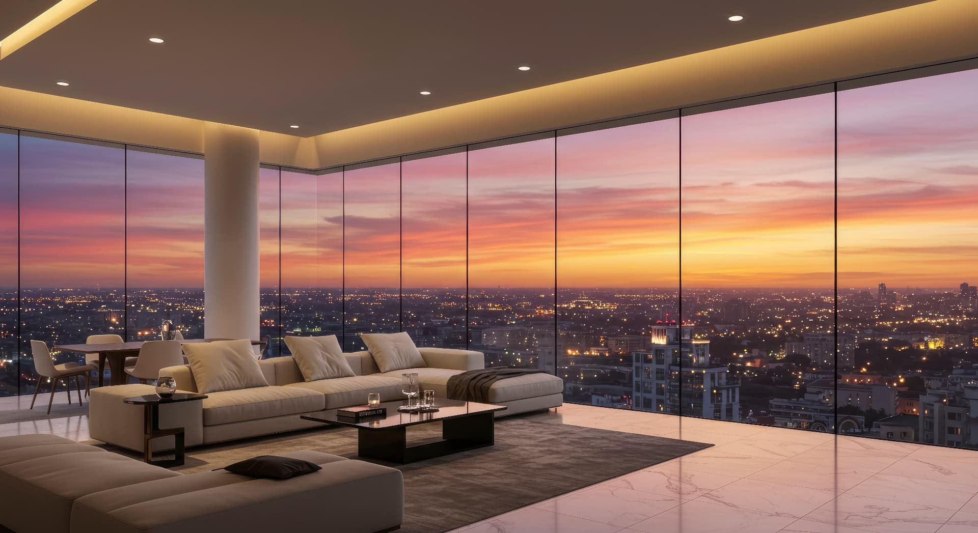 Sunset high-rise interior city view